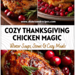 Golden roasted dark chicken with fresh cranberries served for a festive dinner feast.